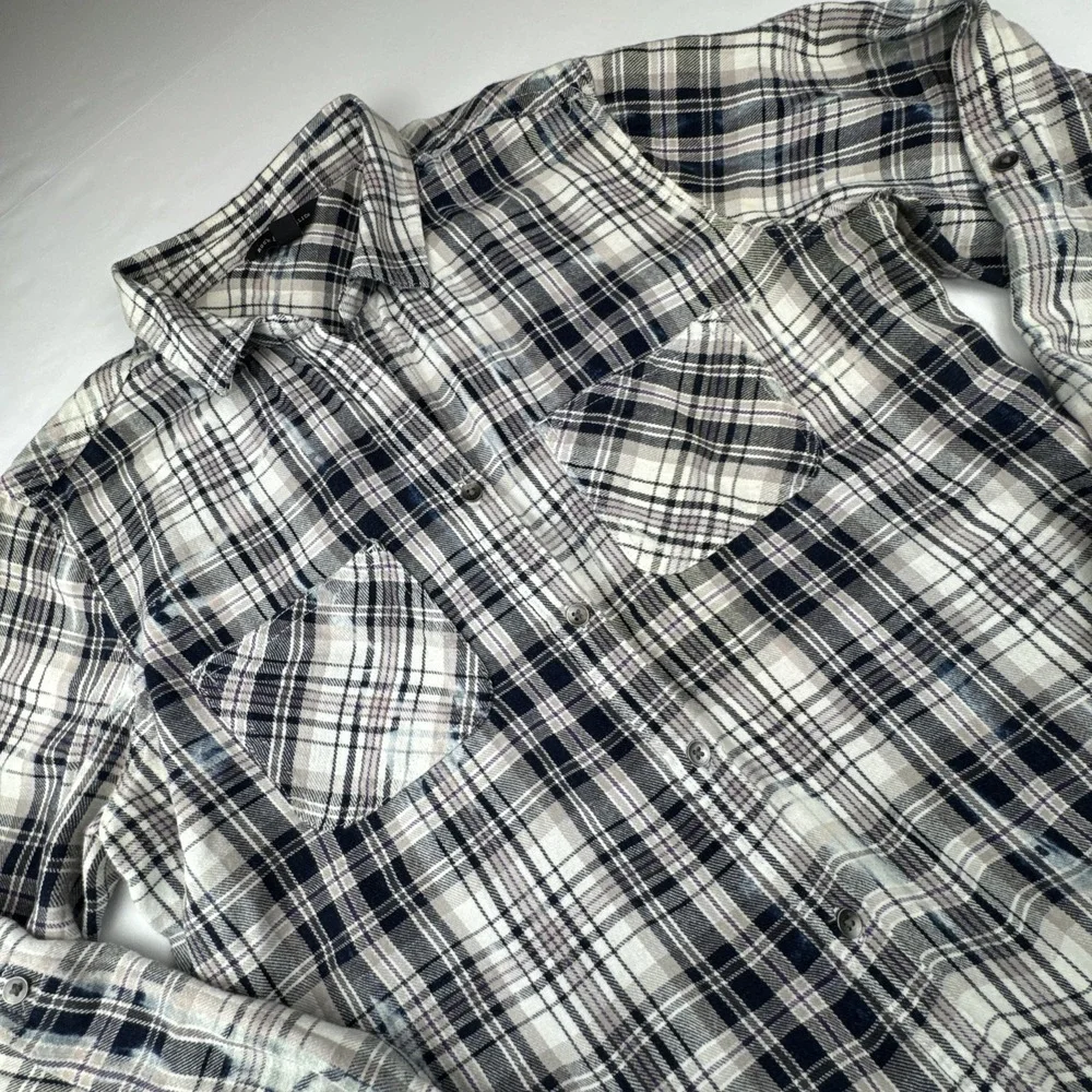 Distressed‎ Bleached Plaid Button Down Shirt Rock & Republic Purple Black Large